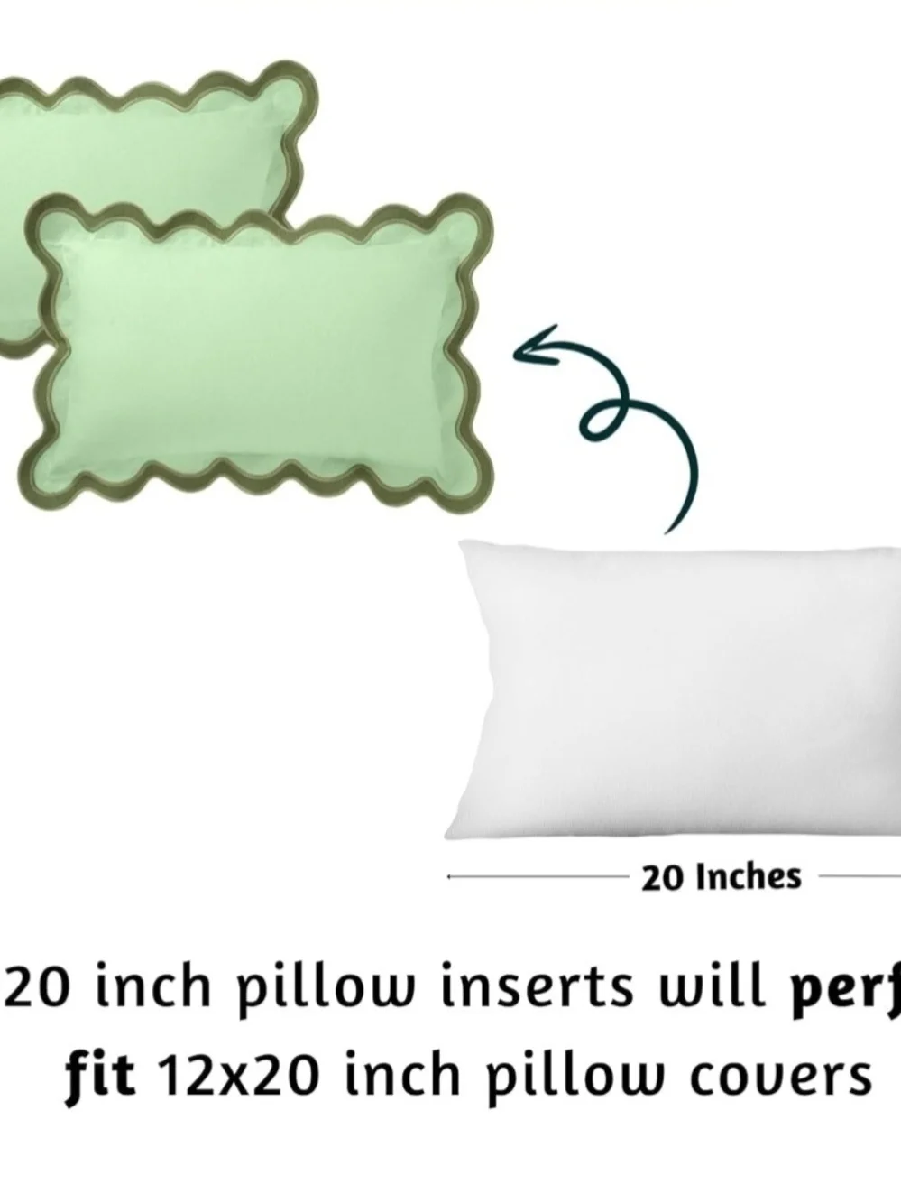NEW Light Green Scalloped Edge Linen Decorative Pillow Shams Pair Fits 12